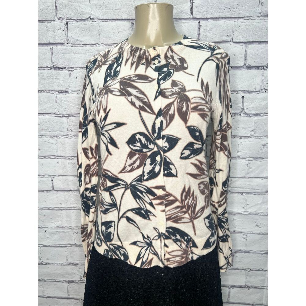 J. Crew Womens Multicolor Leaf Print Knit Long Sleeve Cardigan Sweater Medium
